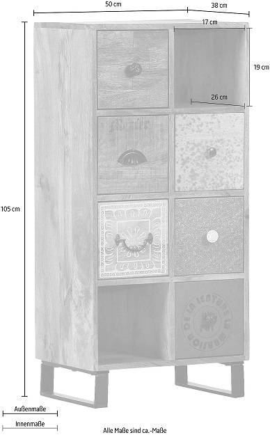 Kommode aus massiven Altholz Mango mit unterschiedlich verzierten Fronten