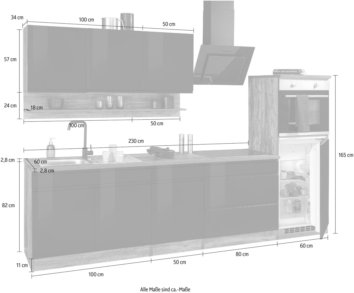 NEUE Küchenzeile mit E-Geräten, Breite 290 cm Schwarz Hochglanz mit Induktionskochfeld