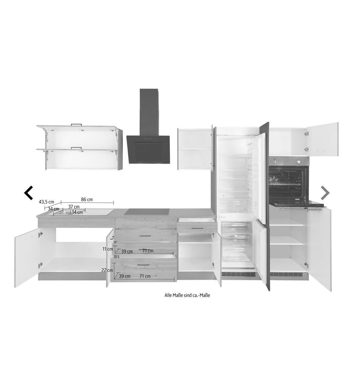 NEUE Küchenzeile mit E-Geräten, Breite 350 cm  Wotaneichefarbe