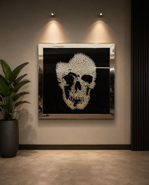 EXKLUSIVES WANDBILD „SKULL“ MIT GLASKRISTALLEN & SPIEGELRAHMEN
