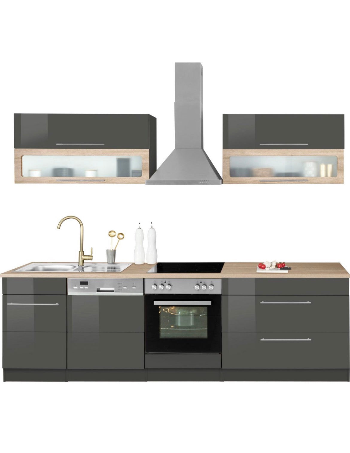 NEUE Küchenzeile mit E-Geräten, Breite 270 cm Grau Hochglanz