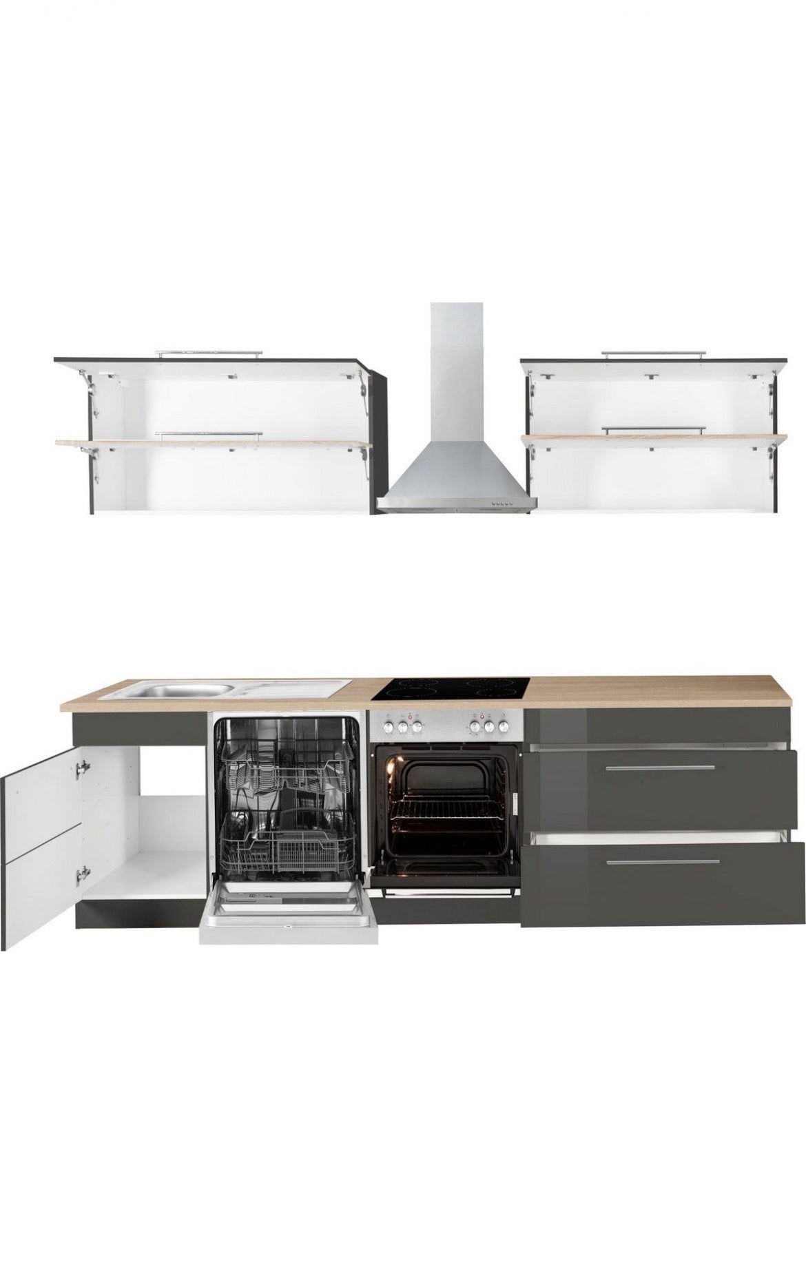 NEUE Küchenzeile mit E-Geräten, Breite 270 cm Grau Hochglanz