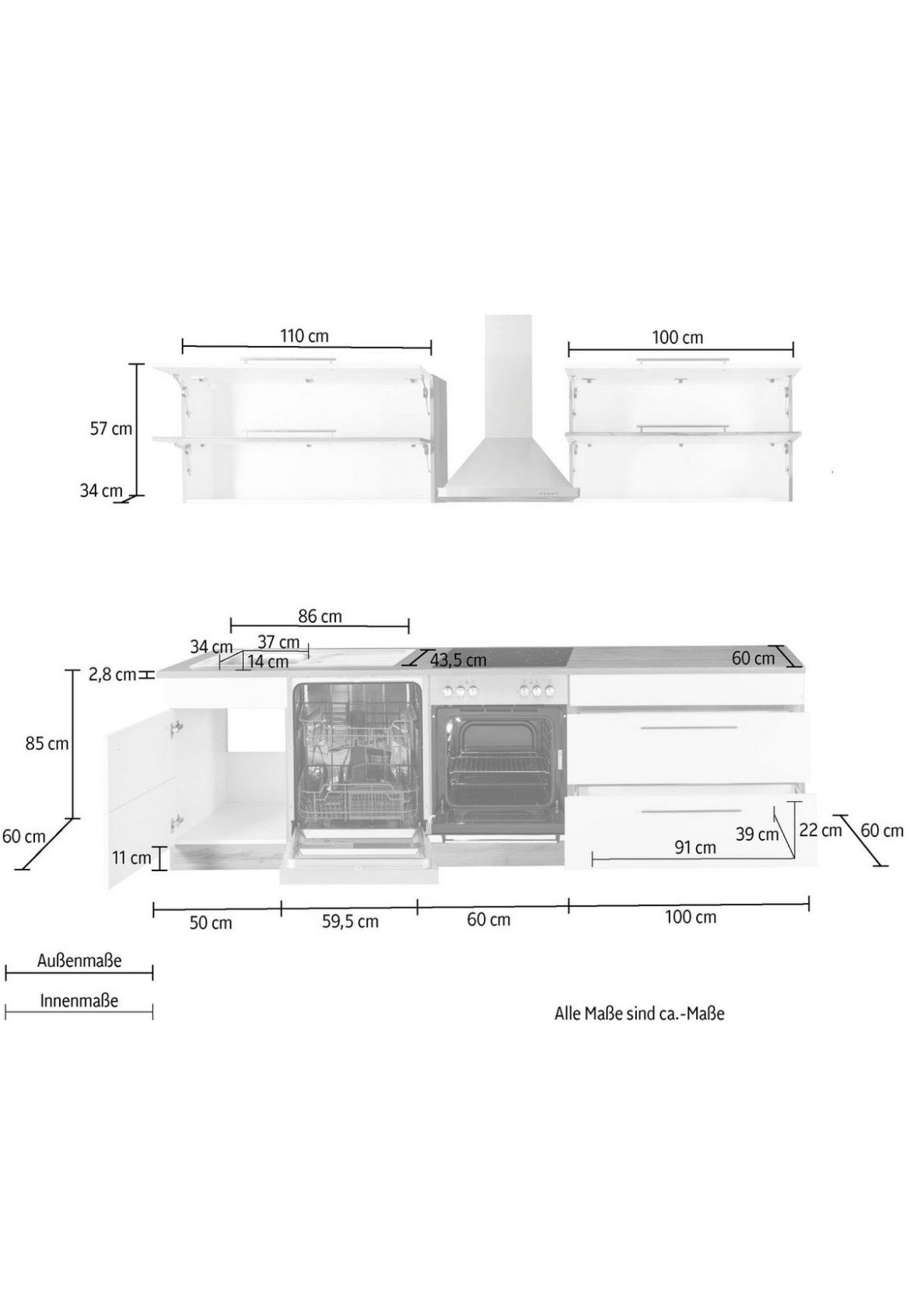NEUE Küchenzeile mit E-Geräten, Breite 270 cm Grau Hochglanz