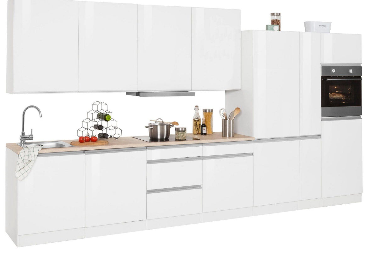 NEUE Küchenzeile mit E-Geräten, Breite 390 cm weiß Hochglanz
