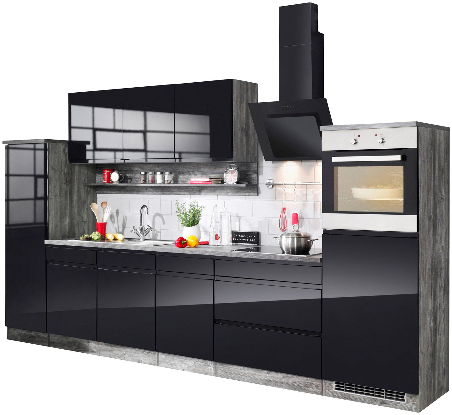 NEUE Küchenzeile mit E-Geräten, Breite 290 cm Schwarz Hochglanz mit Induktionskochfeld